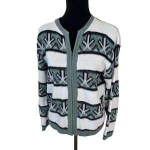 Vintage Womens Arrow Pattern Cardigan Sweater  Green White Nordic Zip UP Medium